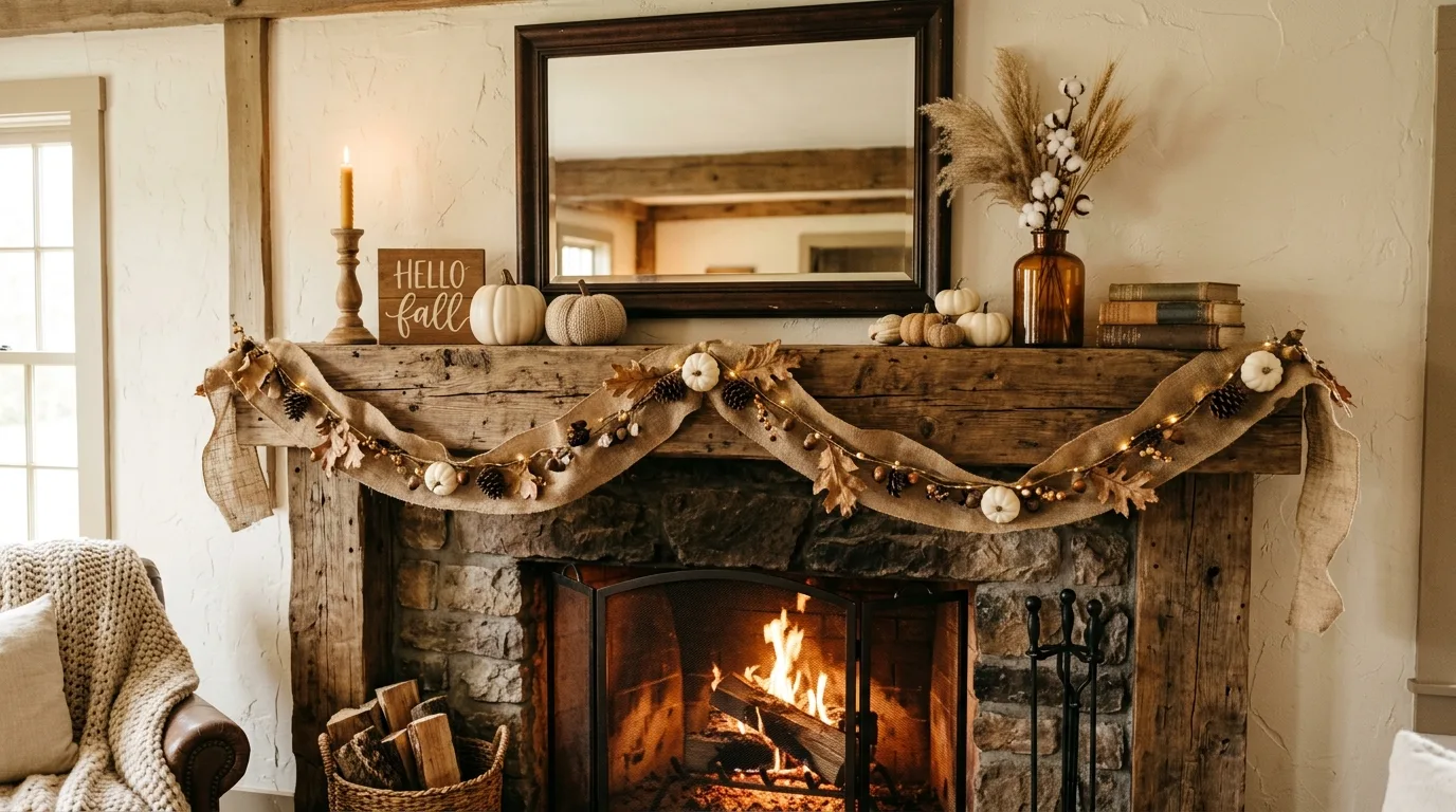 Rustic farmhouse fall mantel with wood accents